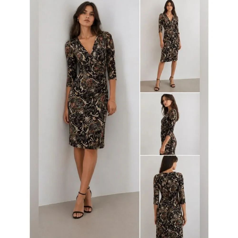 Kay Unger Sz 6 Dark Floral Paisley Wrap Dress Fitted V-Neck Whimsigoth Boho Fall